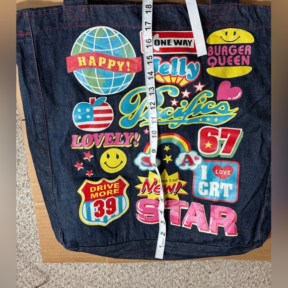 Denim Tote Bag with Colorful Patches - Picture 7 of 10